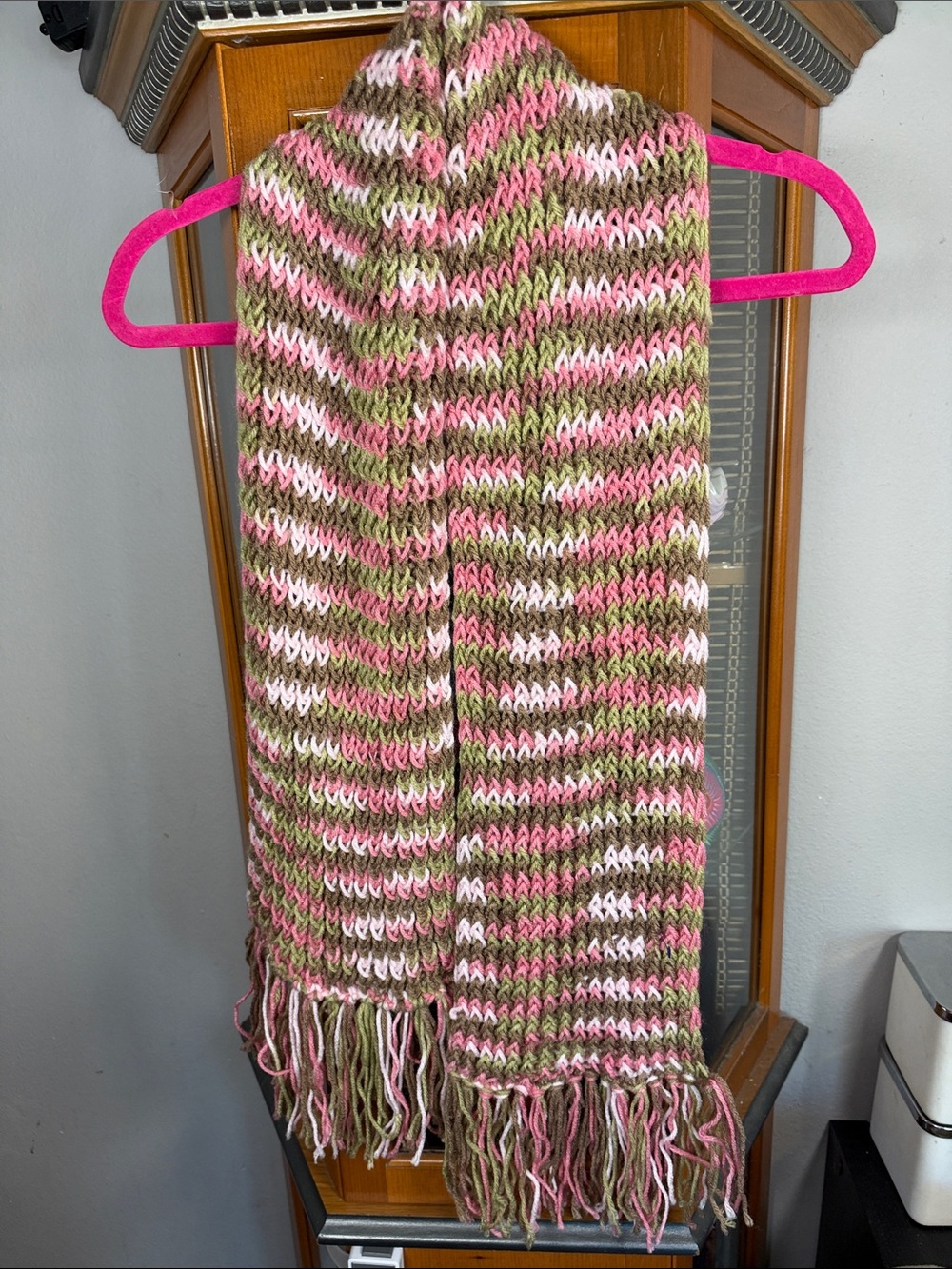 Hand-Knit Green and Pink Striped Women's Scarf